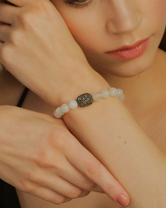 925 Silver Diamond & Moonstone Beads Bracelet