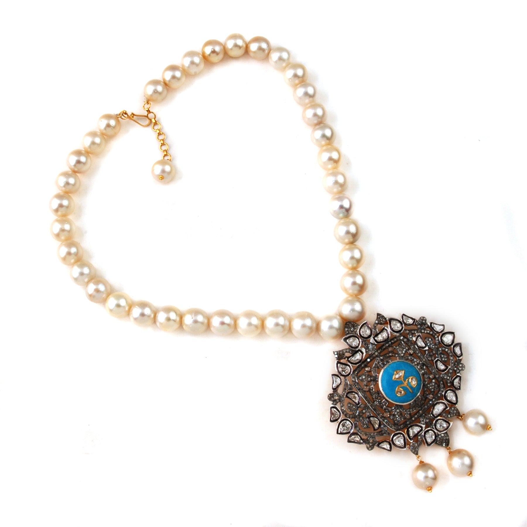 925 Silver Pearl, Turquoise and Diamond Necklace