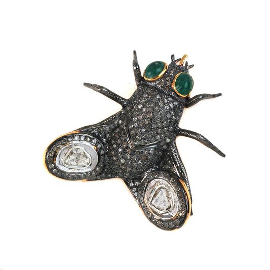 925 Silver Diamond and Emerald Fly Brooch