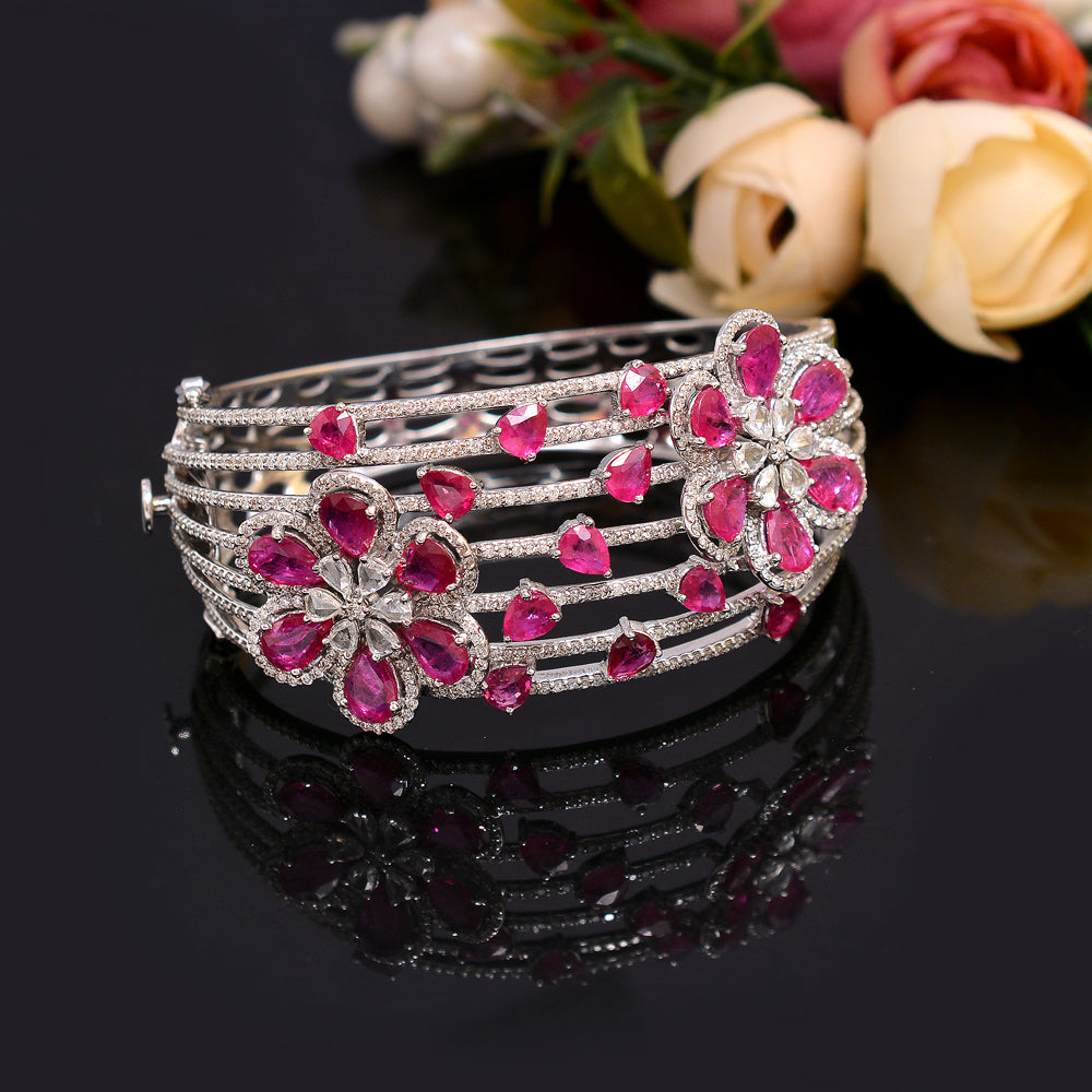 Diamond Pave 18K White Gold Ruby Gemstone Bracelet Bangle