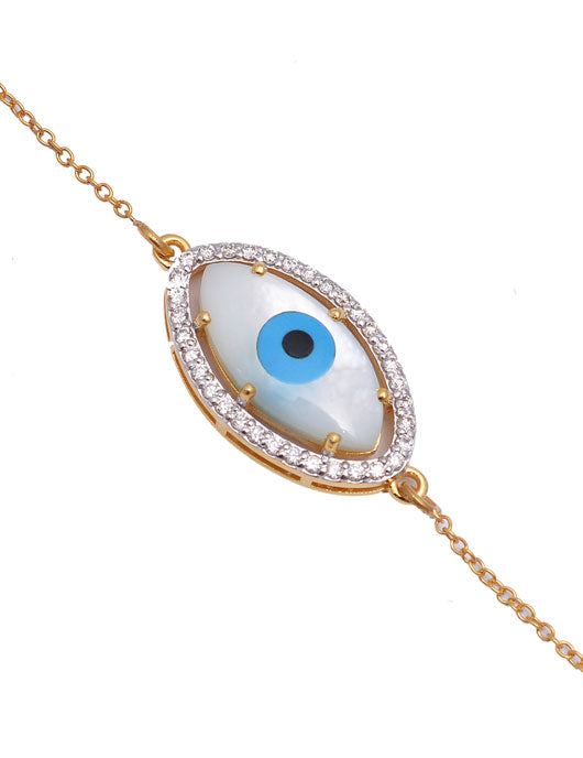 14K Gold Mother of Pearl Evil Eye Chain Bracelet