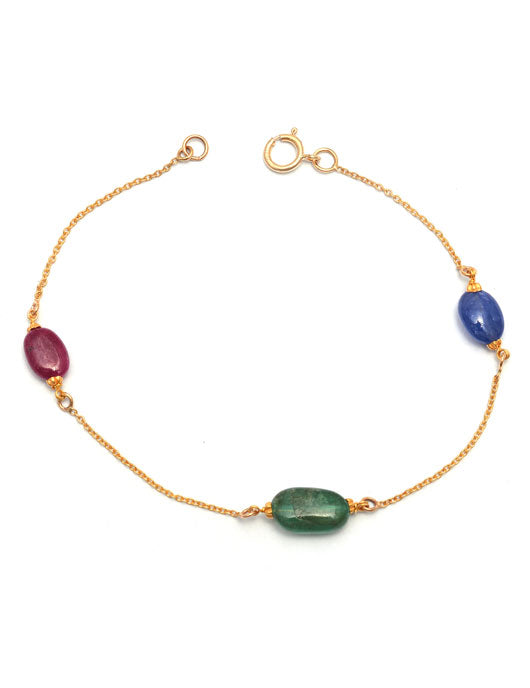 Precious Gemstone 18K Yellow Gold Emerald Chain Link Bracelet