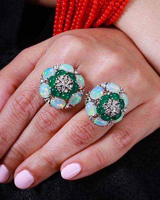 18K gold Emerald, Opal, & Diamond Ring