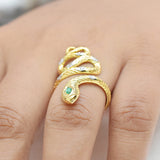 18K Gold Diamond Pave Emerald Eye Snake Ring Fine Jewelry