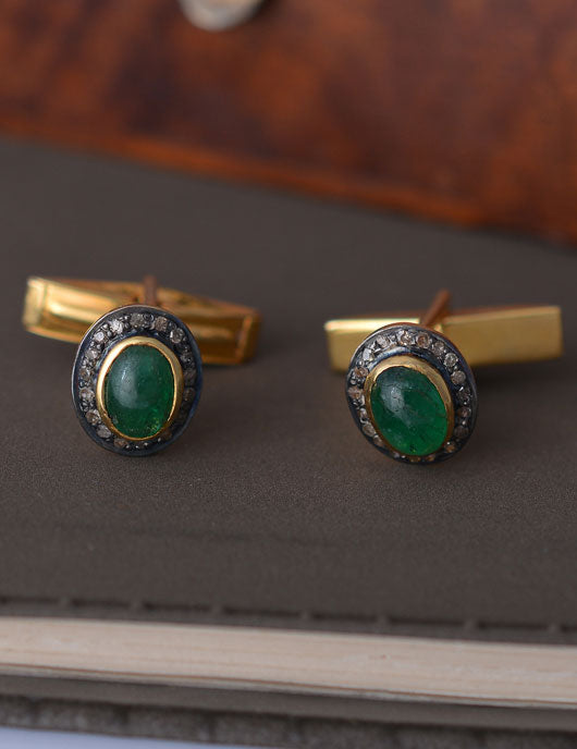 925 Silver Emerald & Diamond Cuff-Links