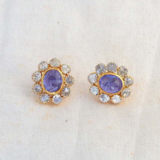 Genuine Polki Diamond Tanzanite Gemstone Floral Stud Earrings