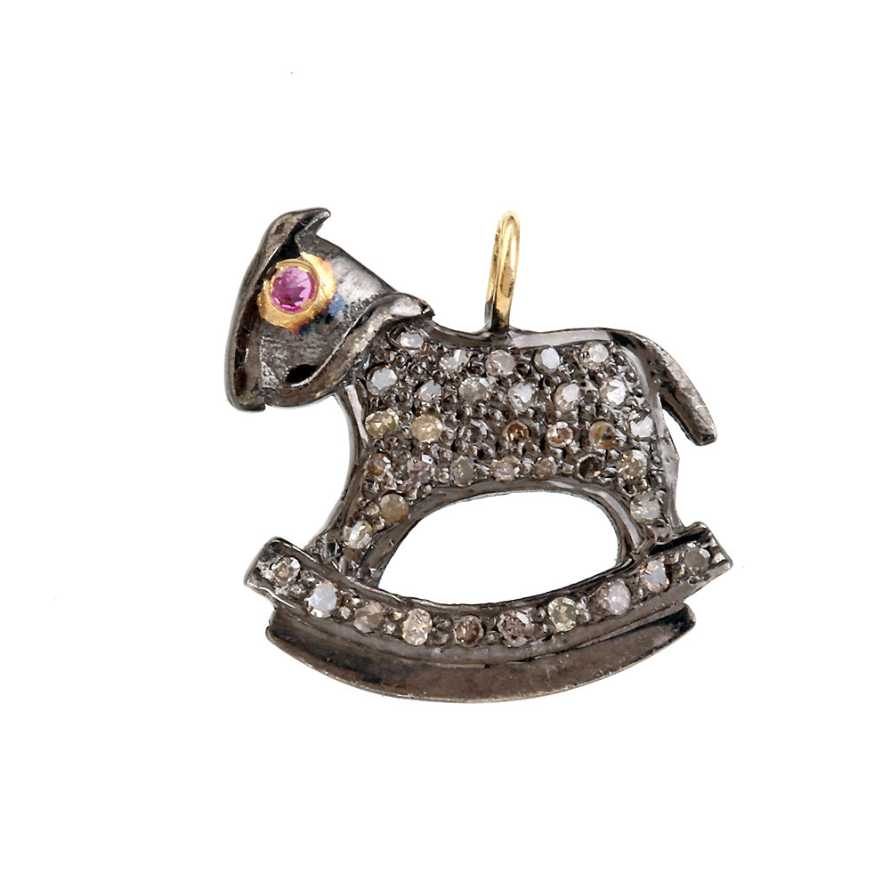 Ruby Eye Rocking Horse Diamond Charm 925 Silver 14K Gold Fine Jewelry