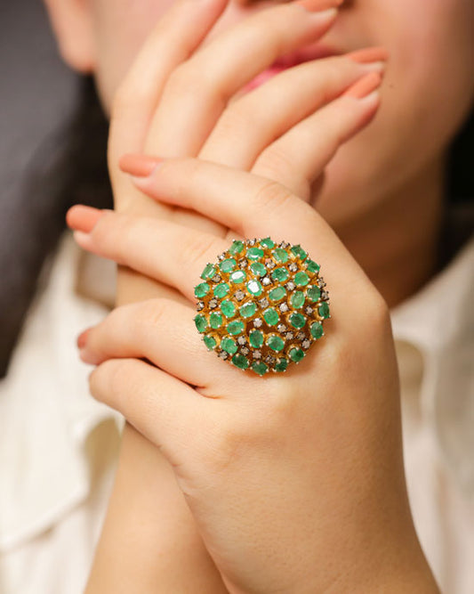 925 Silver Diamond & Emerald Ring
