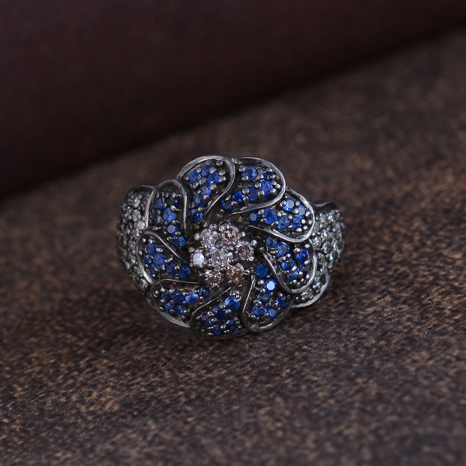 925 Silver Diamond & Sapphire Ring
